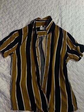 Topman Black, Mustard & White Striped Short Sleeve Button-Down Shirt